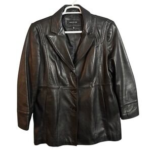 JONES NEW YORK Wmn Genuine Leather Blazer Jacket Black XL Long Sleeve Button Up